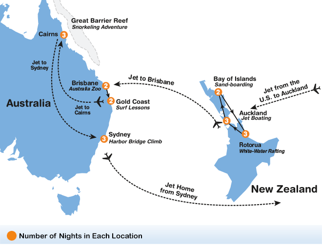 itinerary map of Australia / New Zealand Adventure summer travel program for teenagers