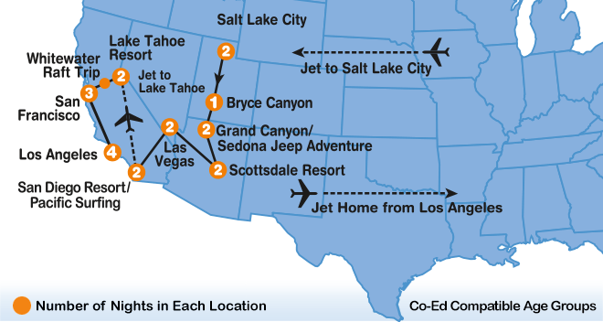 itinerary map of California Caper summer travel program for teenagers