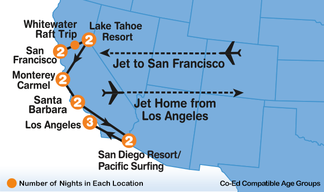 itinerary map of California Cruisin' summer travel program for teenagers