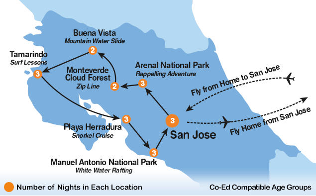 itinerary map of Costa Rica Adventure summer travel program for teenagers
