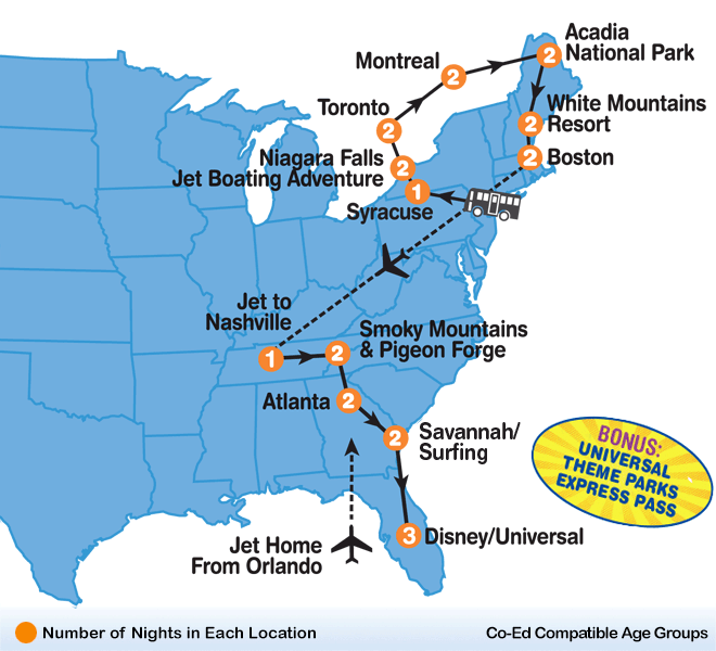 itinerary map of Eastern Adventure summer travel program for teenagers