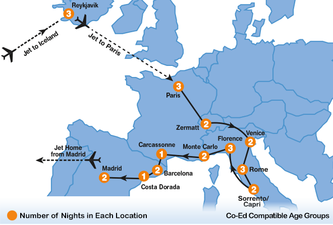 itinerary map of European Adventure summer travel program for teenagers