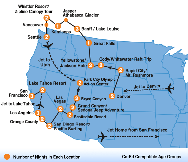 itinerary map of Grand Adventure summer travel program for teenagers