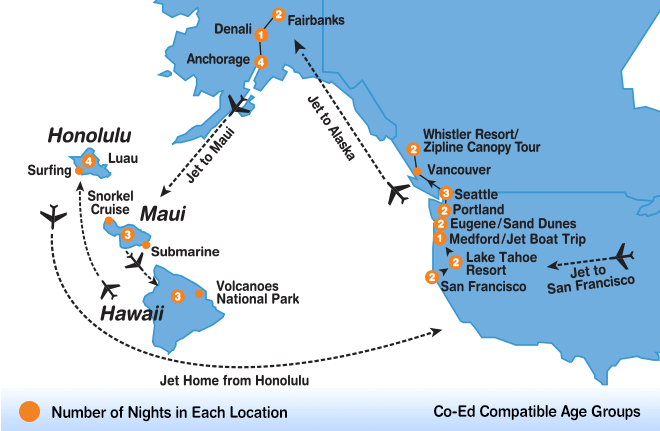 itinerary map of Hawaiian / Alaskan Adventure summer travel program for teenagers