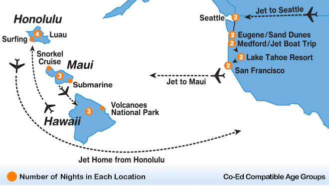 itinerary map of Hawaiian Caper summer travel program for teenagers