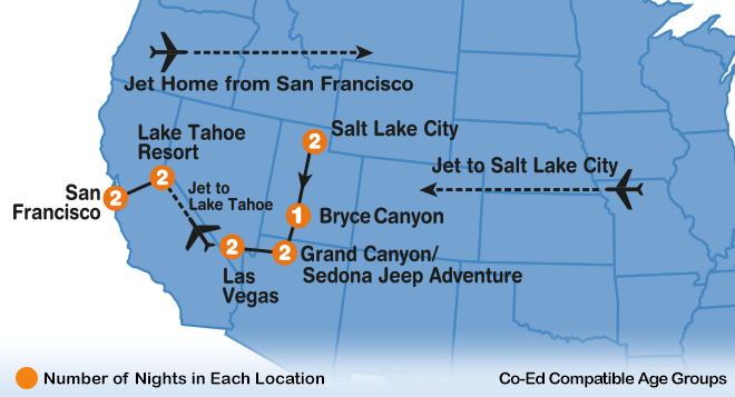 itinerary map of Headin' West summer travel program for teenagers