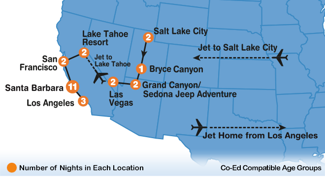 itinerary map of Tour & Service summer travel program for teenagers