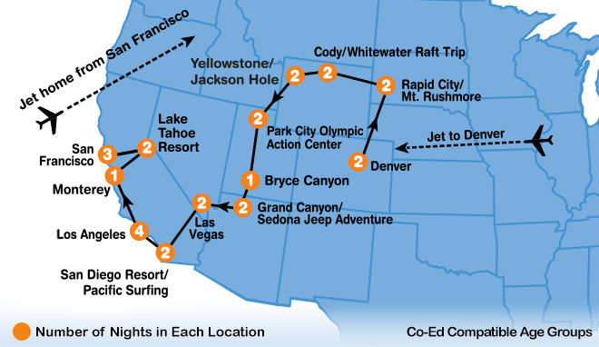 itinerary map of Western Adventure summer travel program for teenagers