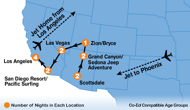 itinerary map of Western Skies summer travel program for teenagers