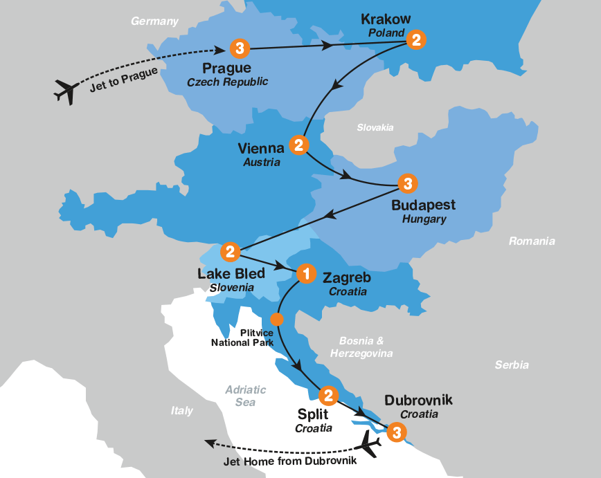 itinerary map of Eastern Europe Adventure summer travel program for teenagers