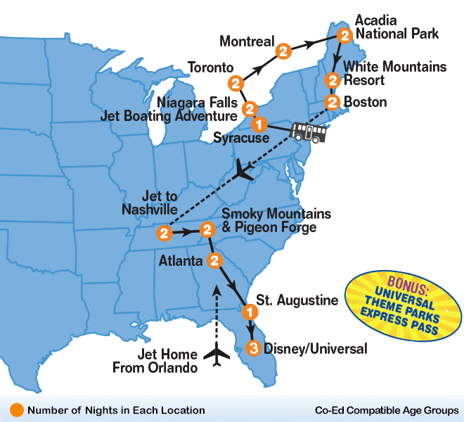 itinerary map of Eastern Adventure summer travel program for teenagers