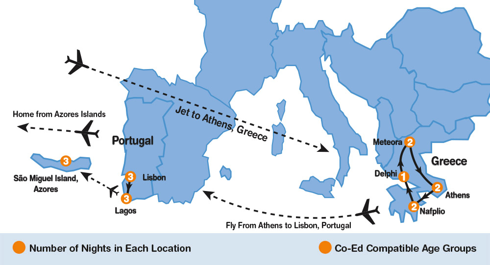 itinerary map of Greece, Portugal, and the Azores summer travel program for teenagers