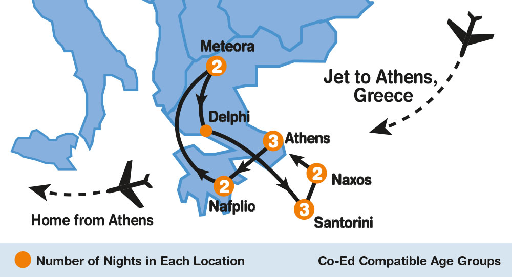 itinerary map of The Greek Getaway summer travel program for teenagers