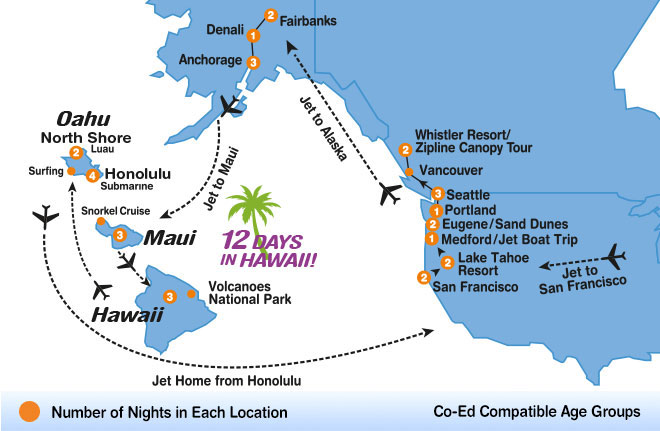 itinerary map of Fire & Ice summer travel program for teenagers